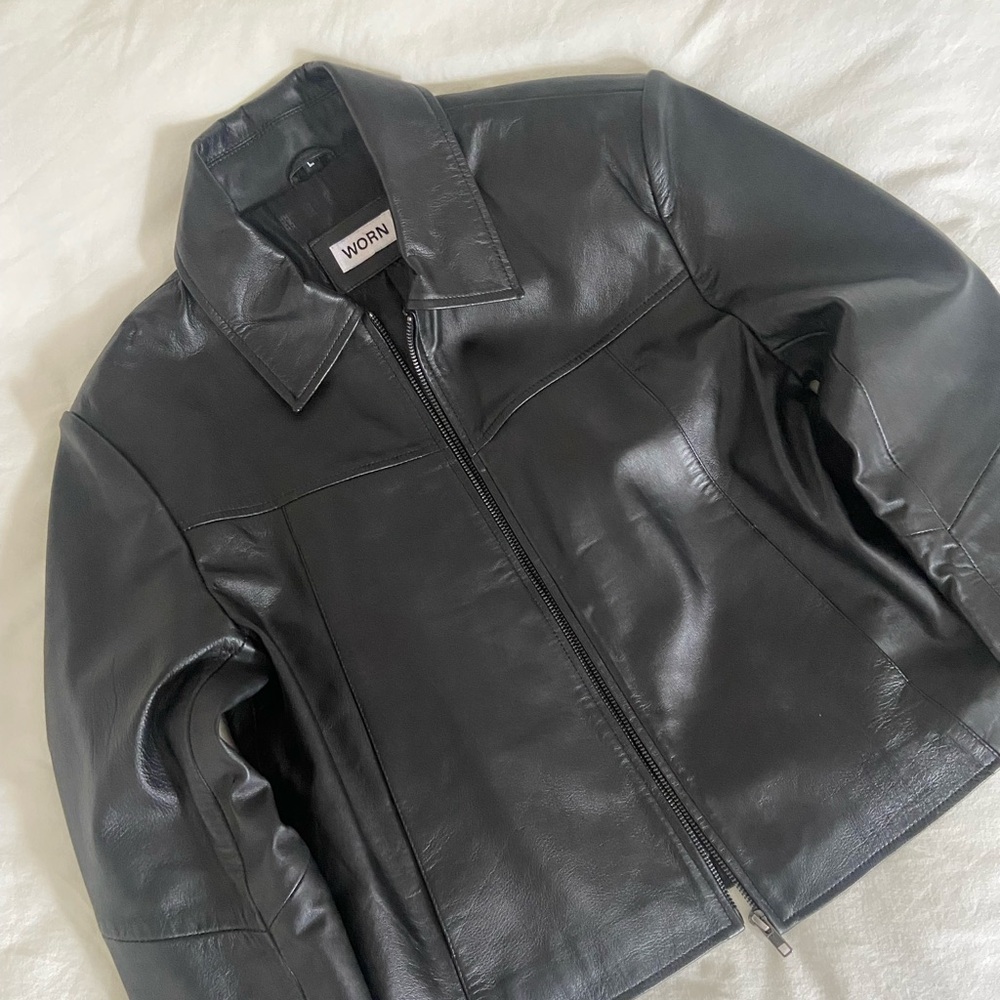 worn vintage boxy black leather jacket